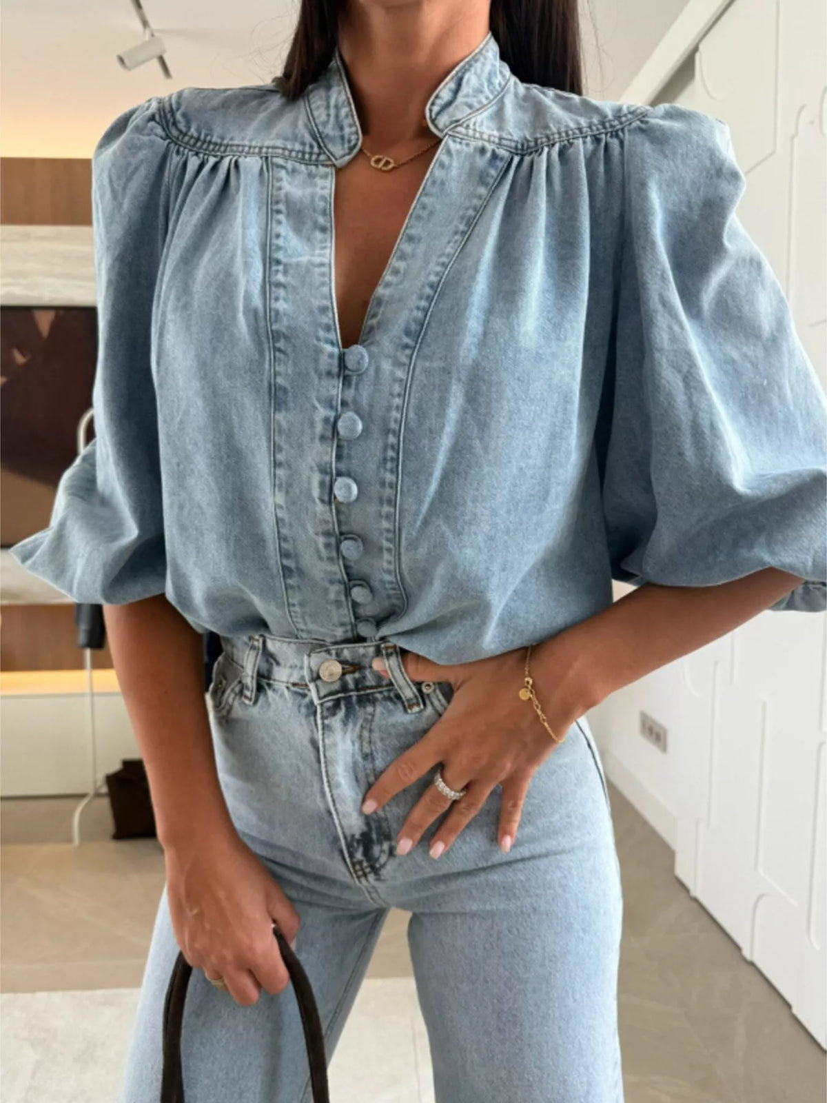 Puff Sleeve Button Front Denim Top