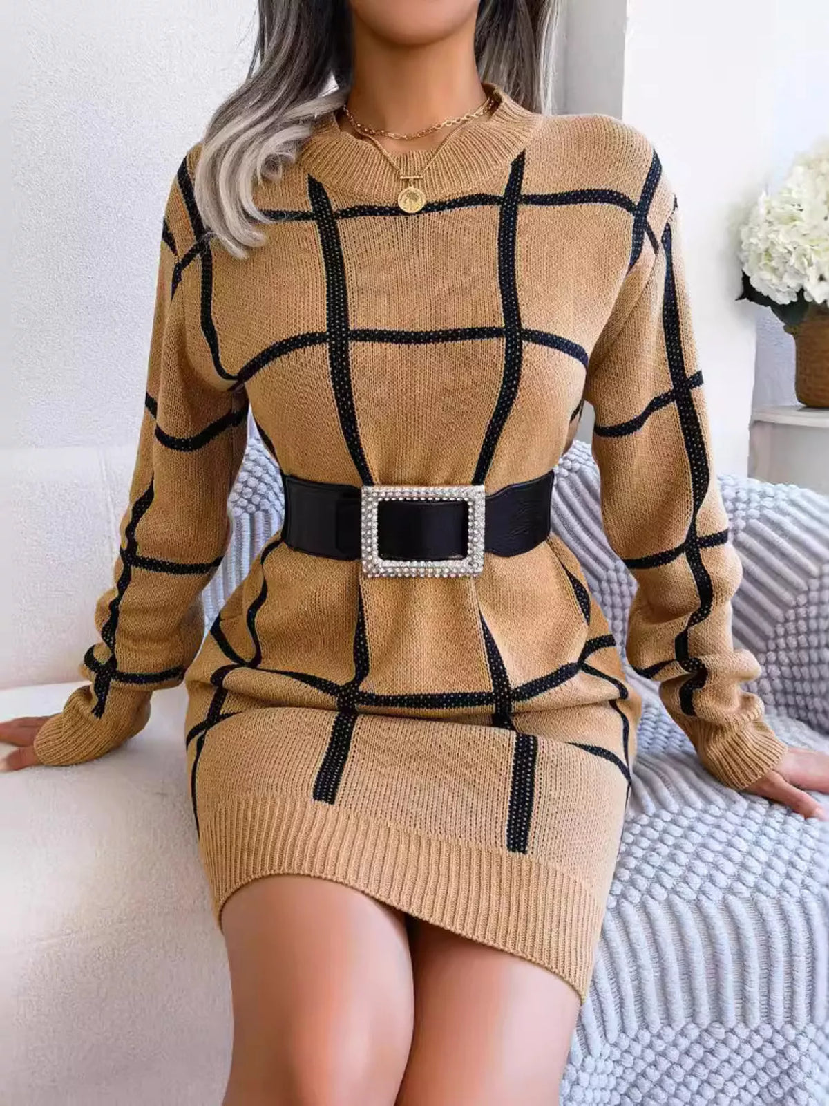 Plaid Pattern Long Sleeve Sweater Dress, view 11