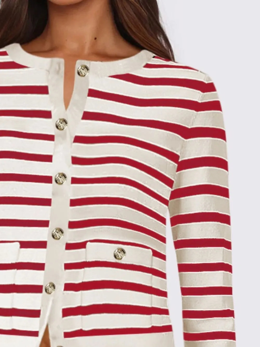 Striped Round Neck Button Up Long Sleeve Cardigan - Lilixa.store
