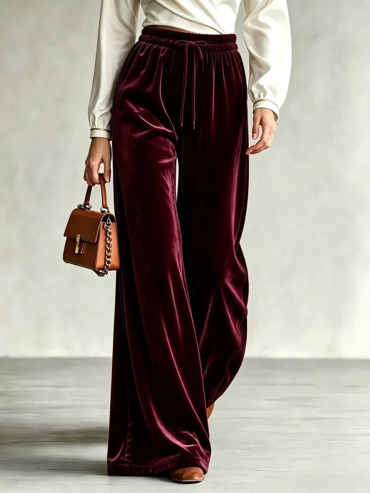 Velvet Wide-Leg Pants with Drawstring - Lilixa.store