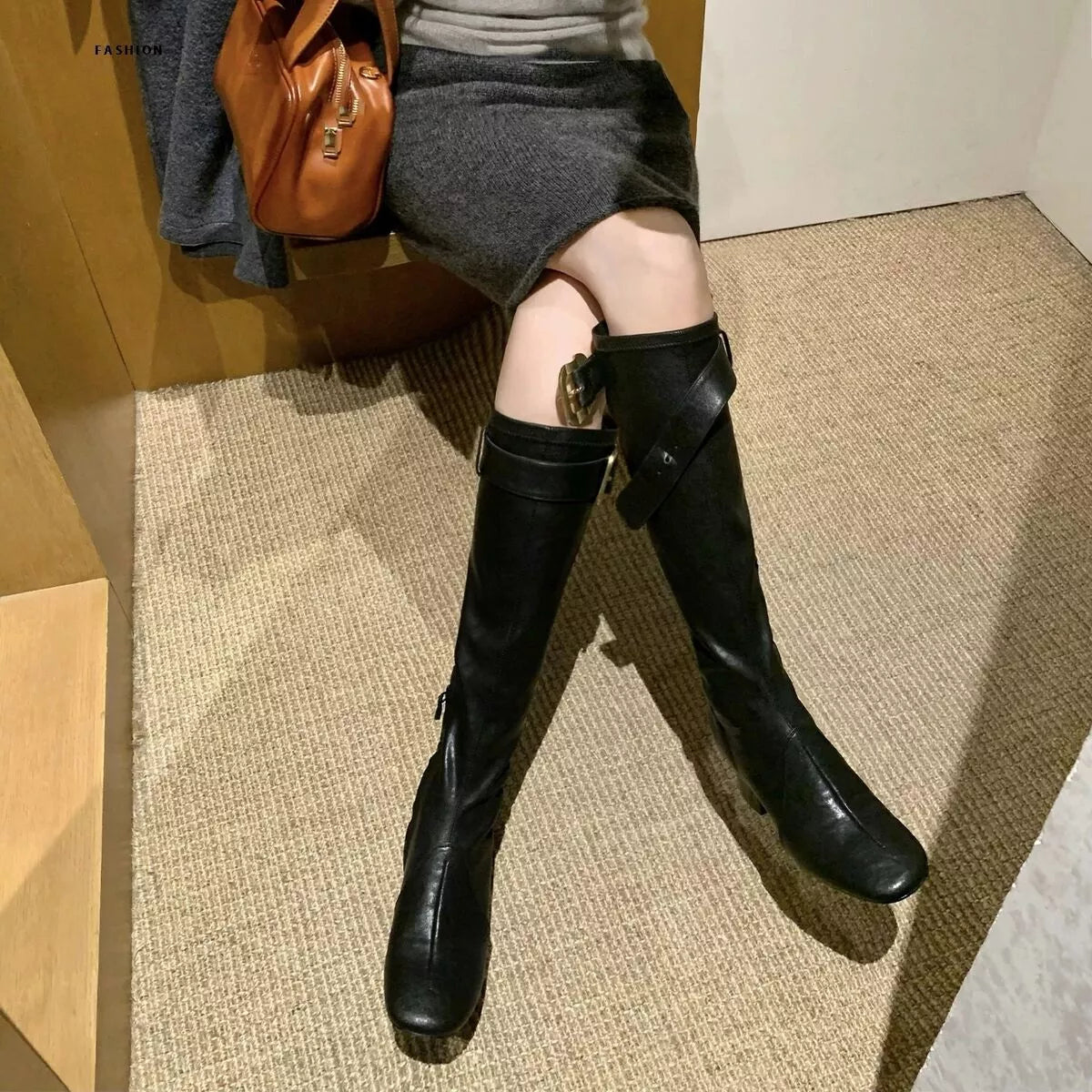 Square Toe Block Heels Boots in Black