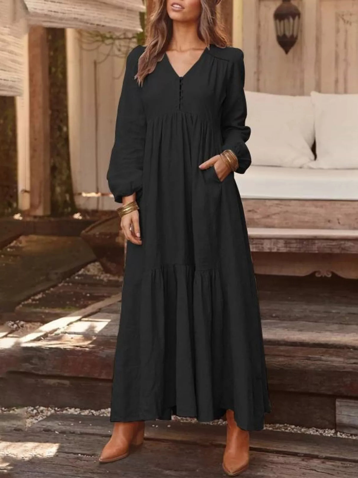 Full Size V-Neck Long Sleeve Tiered Maxi Dress with Pockets Plus Size - Lilixa.store