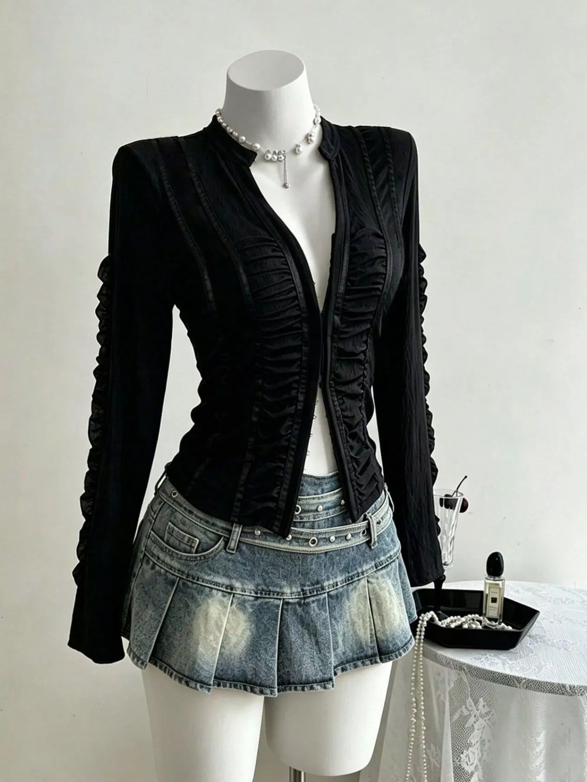 Ruched Slim-Fit Long Sleeve Top in Black
