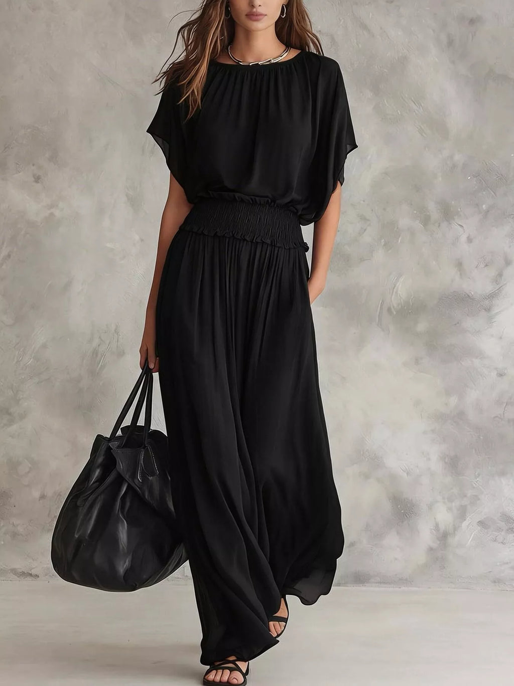 Chiffon Maxi Dress with Smocked Waist - Lilixa.store