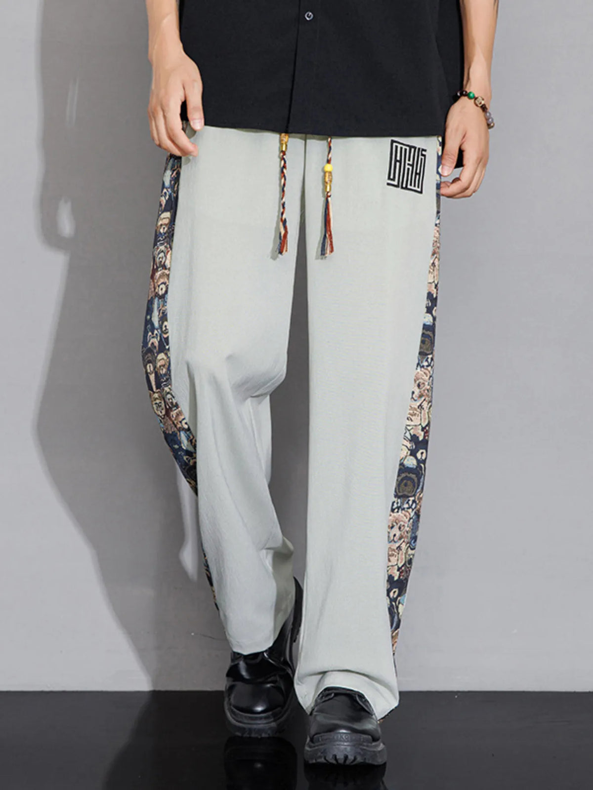 Men's Full Size Printed Side Stripe Loose Pants Plus Size in Light Gray