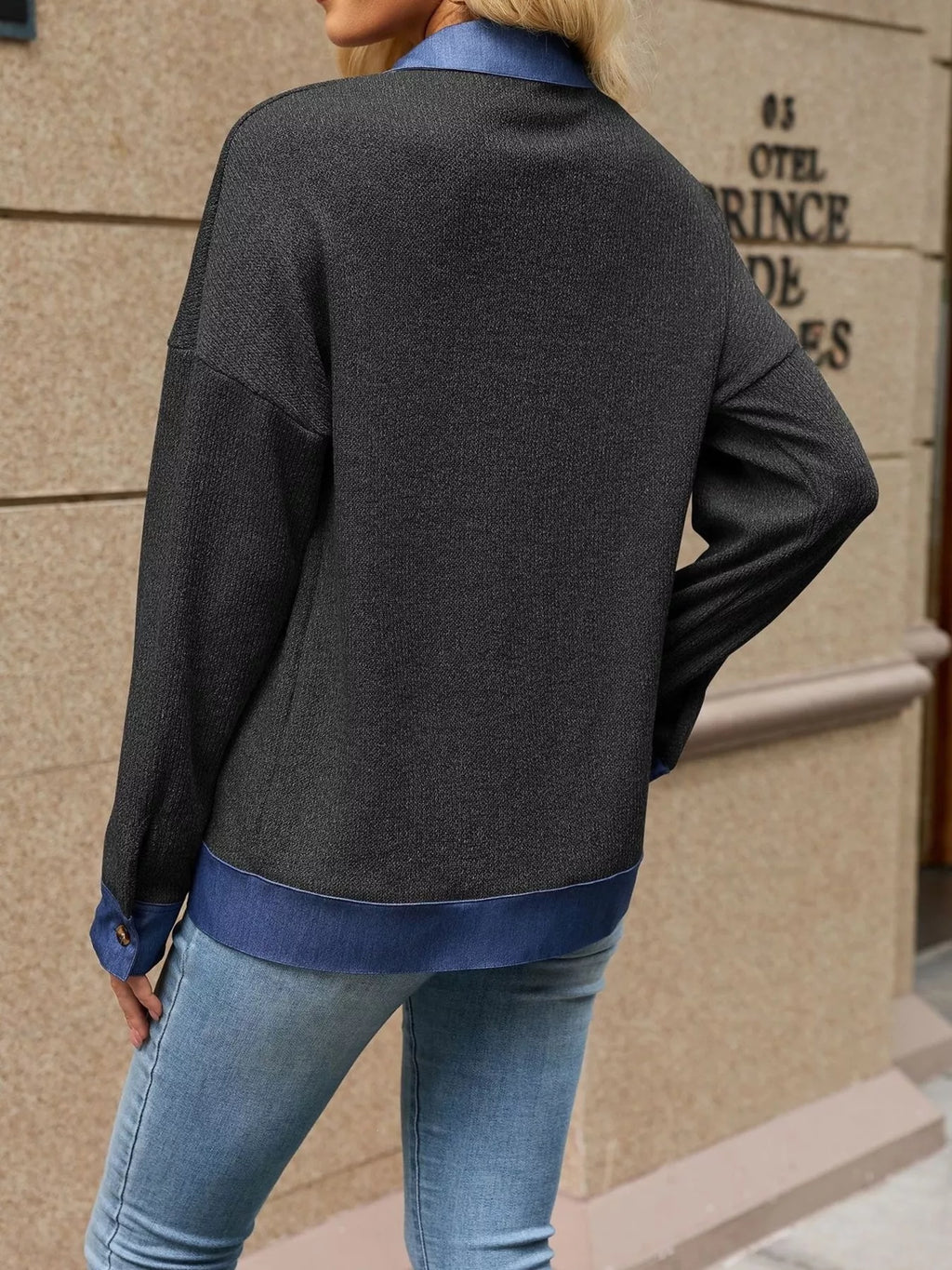 Contrast Denim Collar Zip Up Outerwear - Lilixa.store