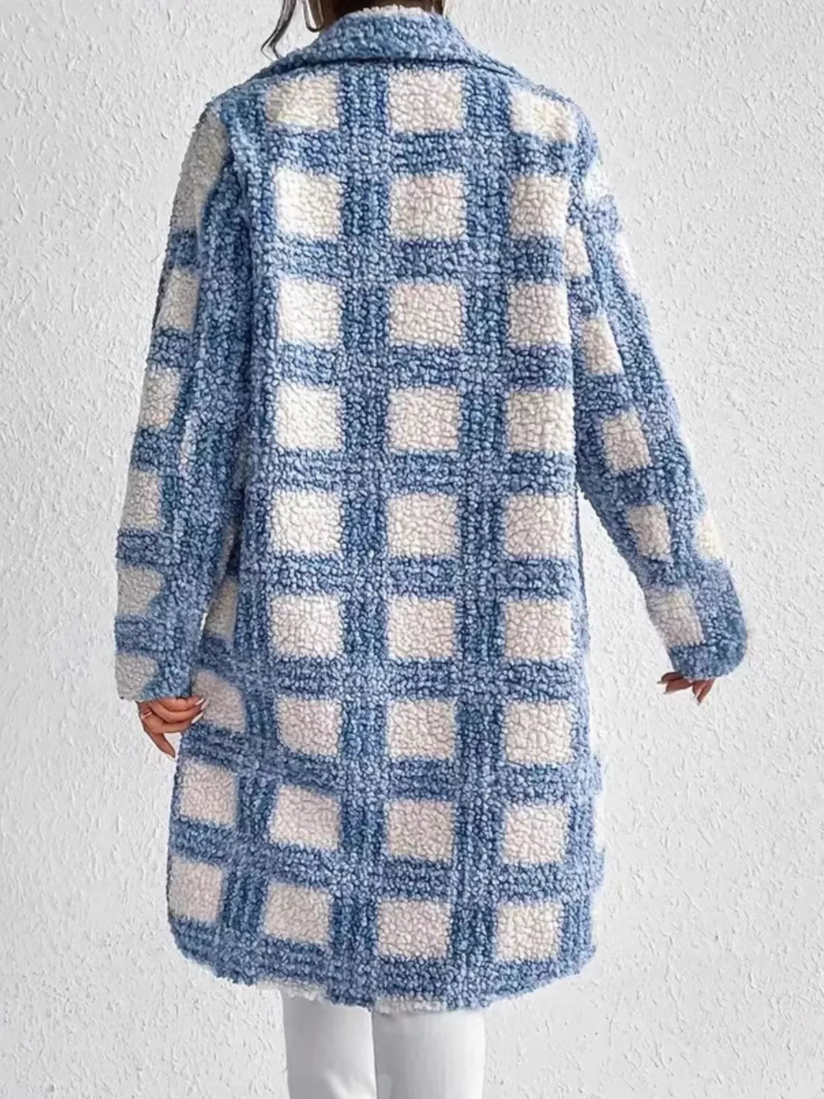 Plaid Button Up Long Sleeve Fleece Coat in Sky Blue, view 6