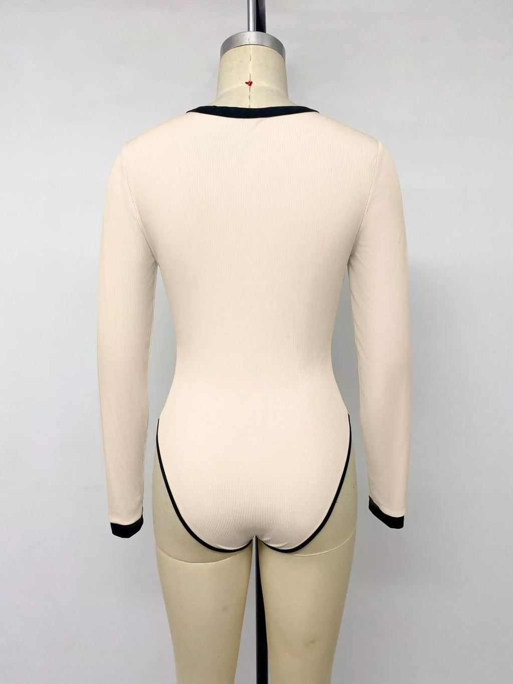 Ribbed V-Neck Long Sleeve Bodysuit with Contrast Trim - Lilixa.store