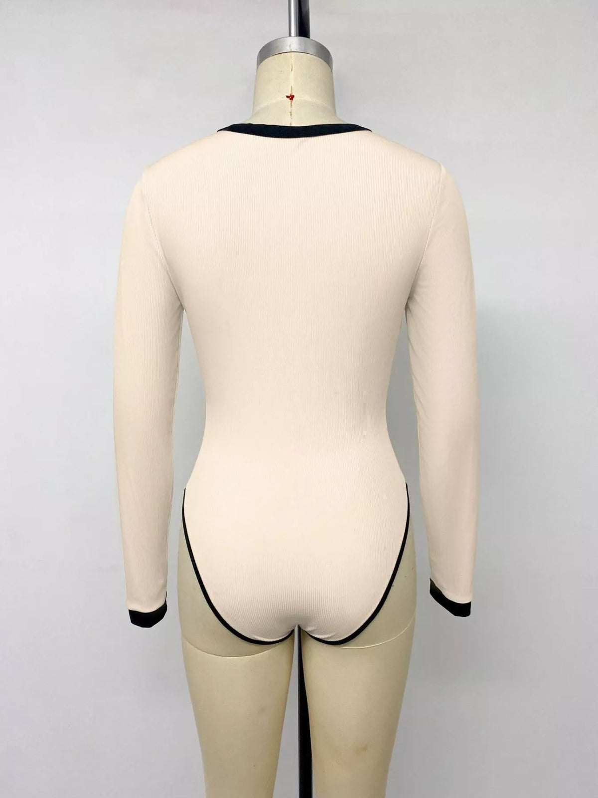 Ribbed V-Neck Long Sleeve Bodysuit with Contrast Trim - Lilixa.store