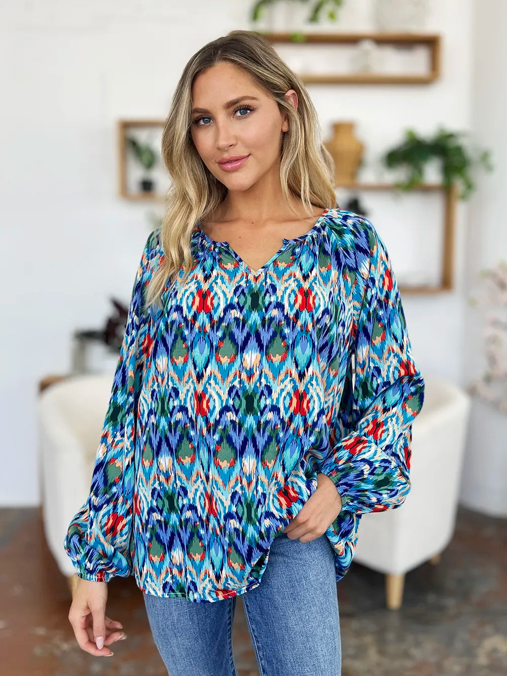 Double Take Full Size Printed Balloon Sleeve Blouse - Lilixa.store
