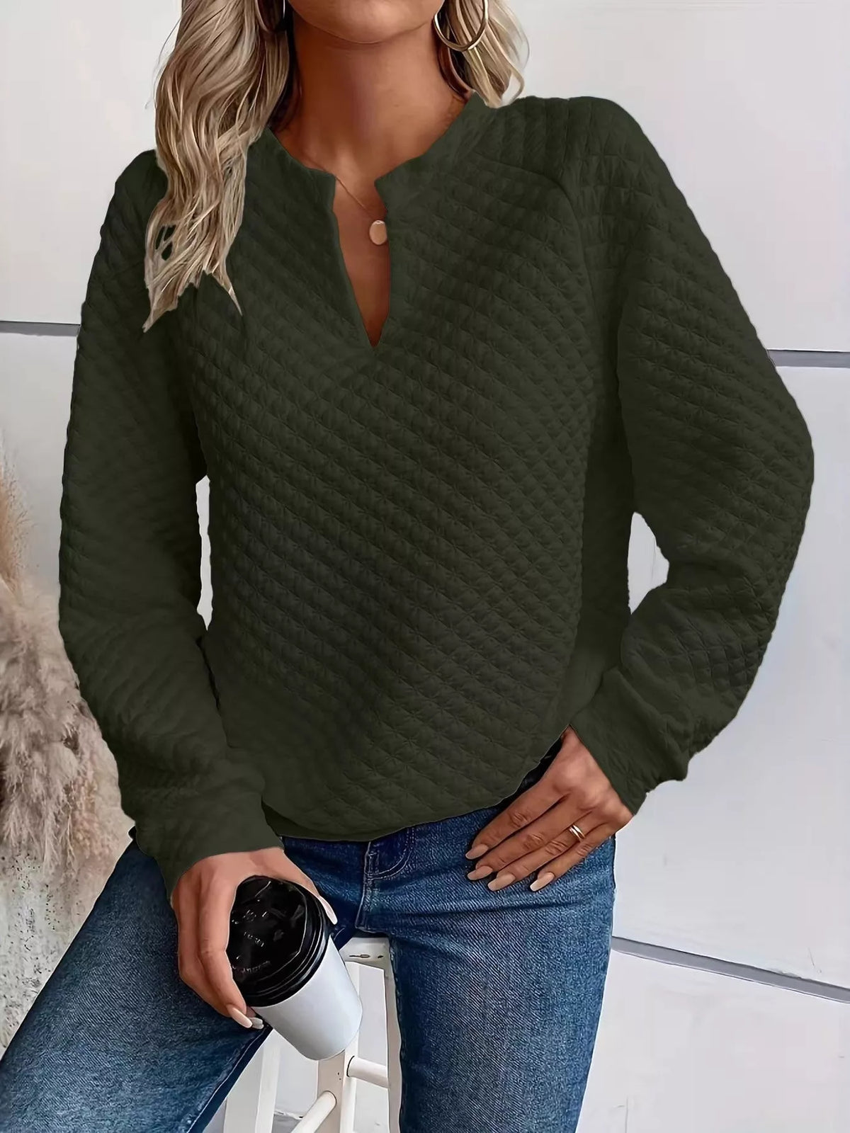 Quilted Texture Long Sleeve Sweatshirt with Notched Neck - Lilixa.store