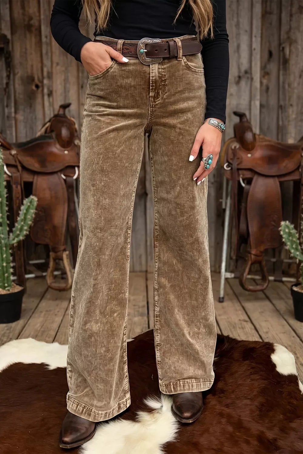 Straight Leg Corduroy Metal Button Zip-up Pants