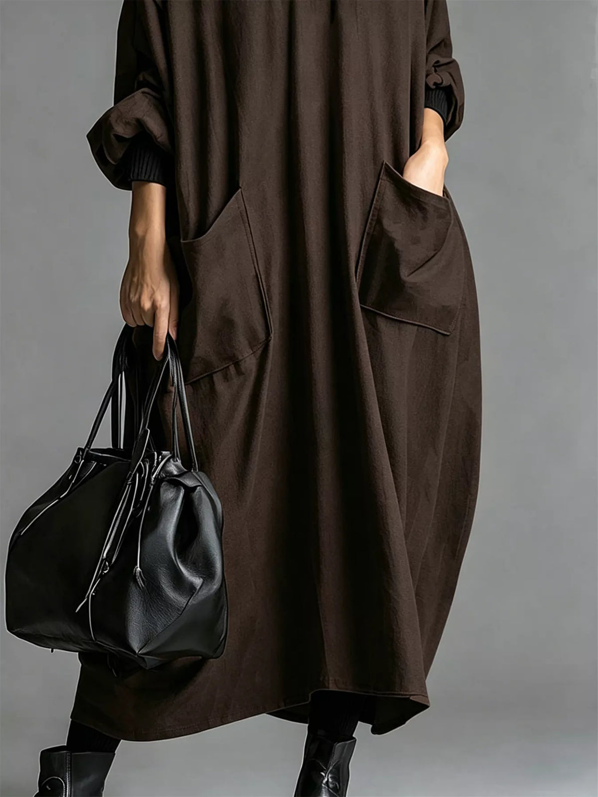 Full Size Loose-Fit Mock Neck Midi Dress with Pockets Plus Size - Lilixa.store