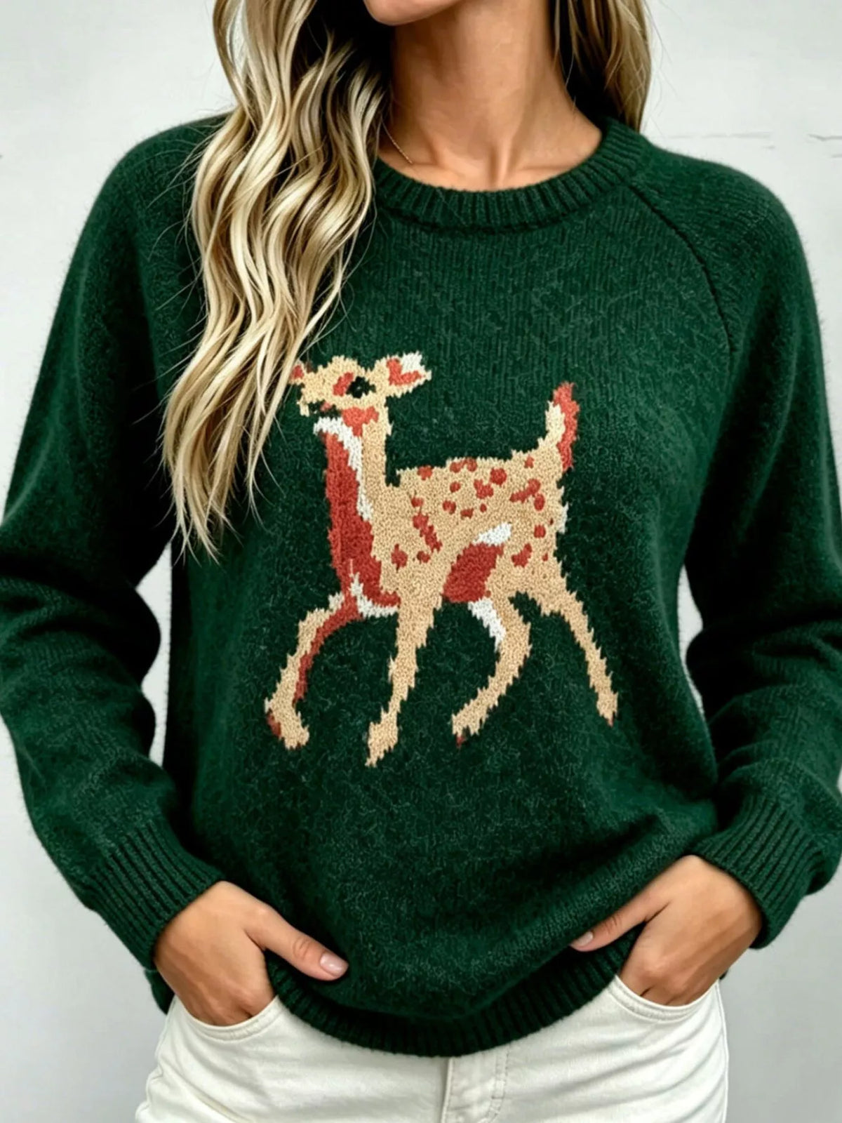 Deer Pattern Raglan Sleeve Sweater - Lilixa.store