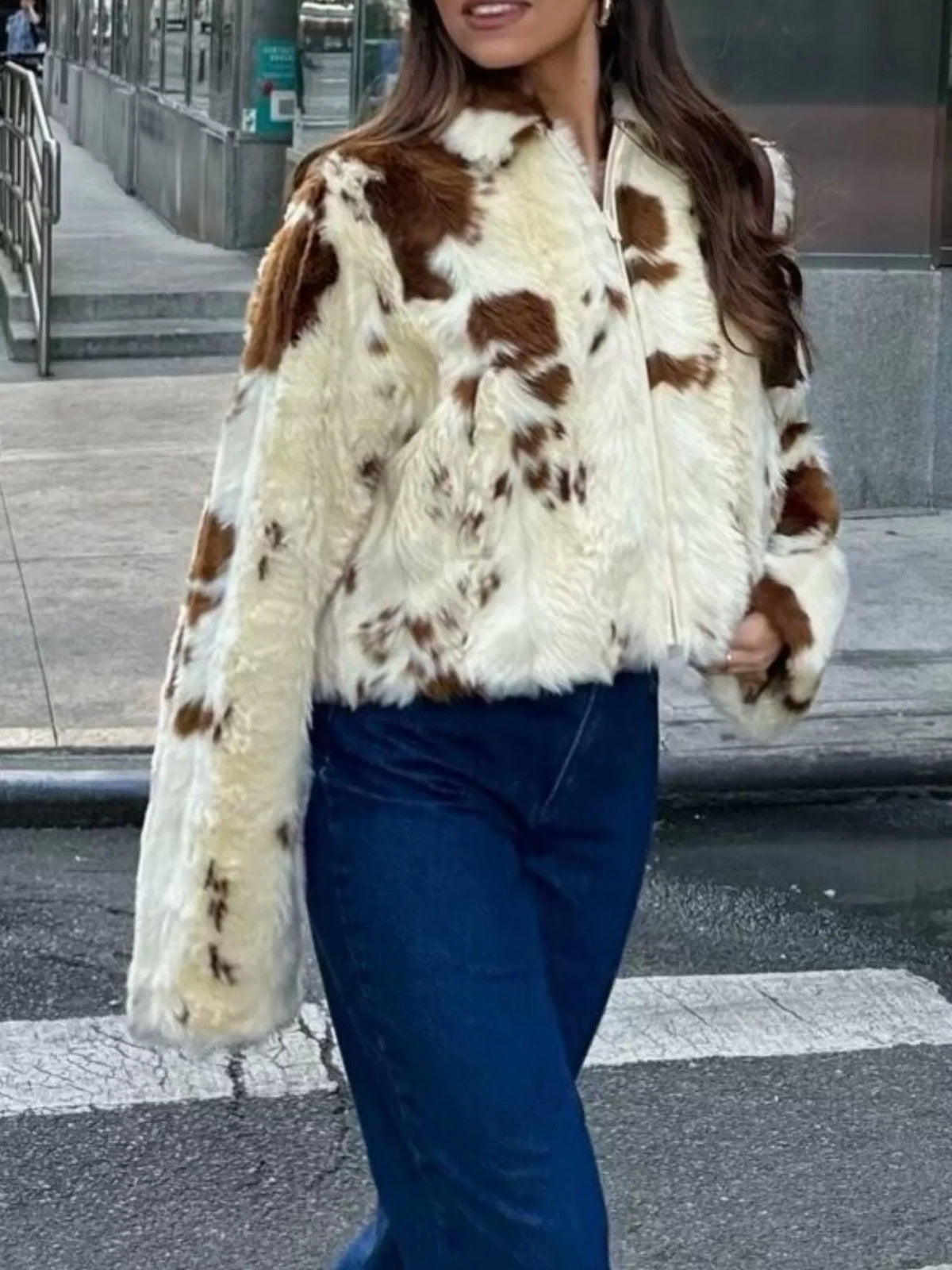 Faux Fur Zip Up Cropped Outerwear in Beige, view 5