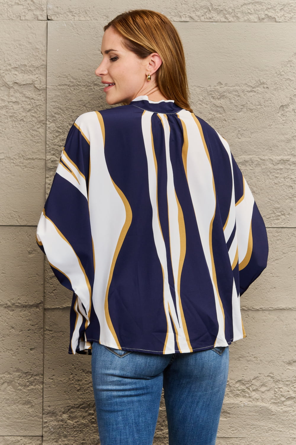Perfee Tie Neck Printed Slit Sleeve Blouse in Multicolor, view 2