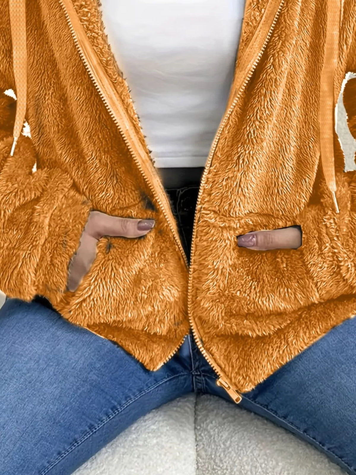 Drawstring Fleece Zip-Up Outerwear in Tangerine