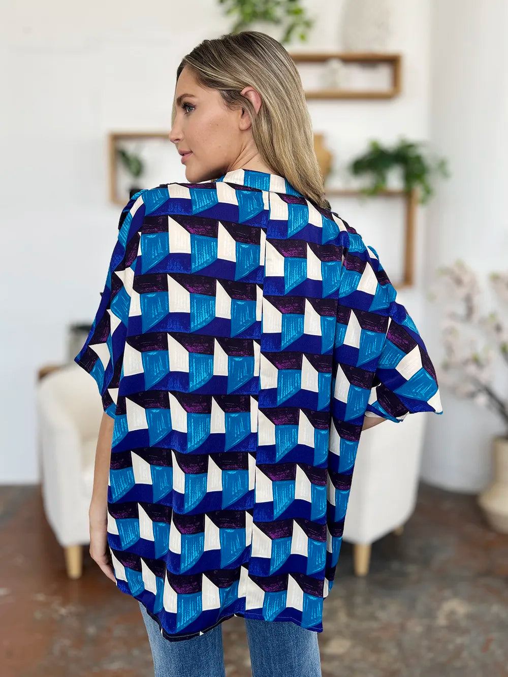 Double Take Full Size Geometric Notched Half Sleeve Blouse - Lilixa.store