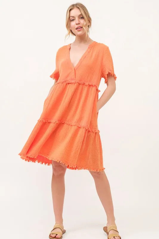 And The Why Washed Frayed Detail Tiered Dress in Orange, view 4