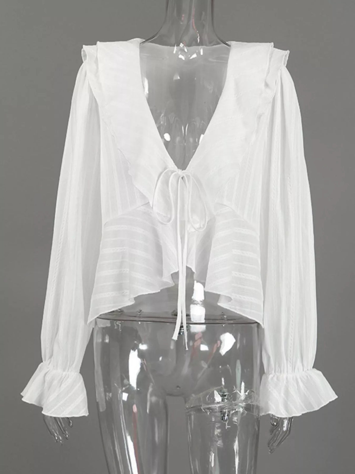 Ruffled Striped Flounce Sleeve Blouse in White, view 8