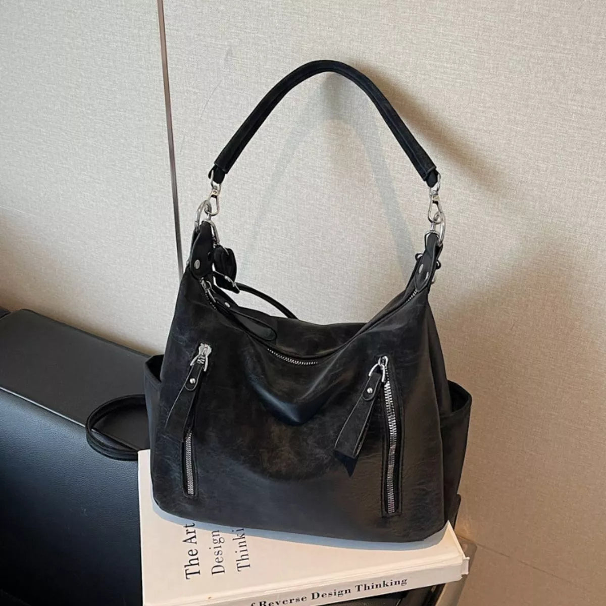 Multi-Zipper Casual Shoulder Bag in Black, view 5