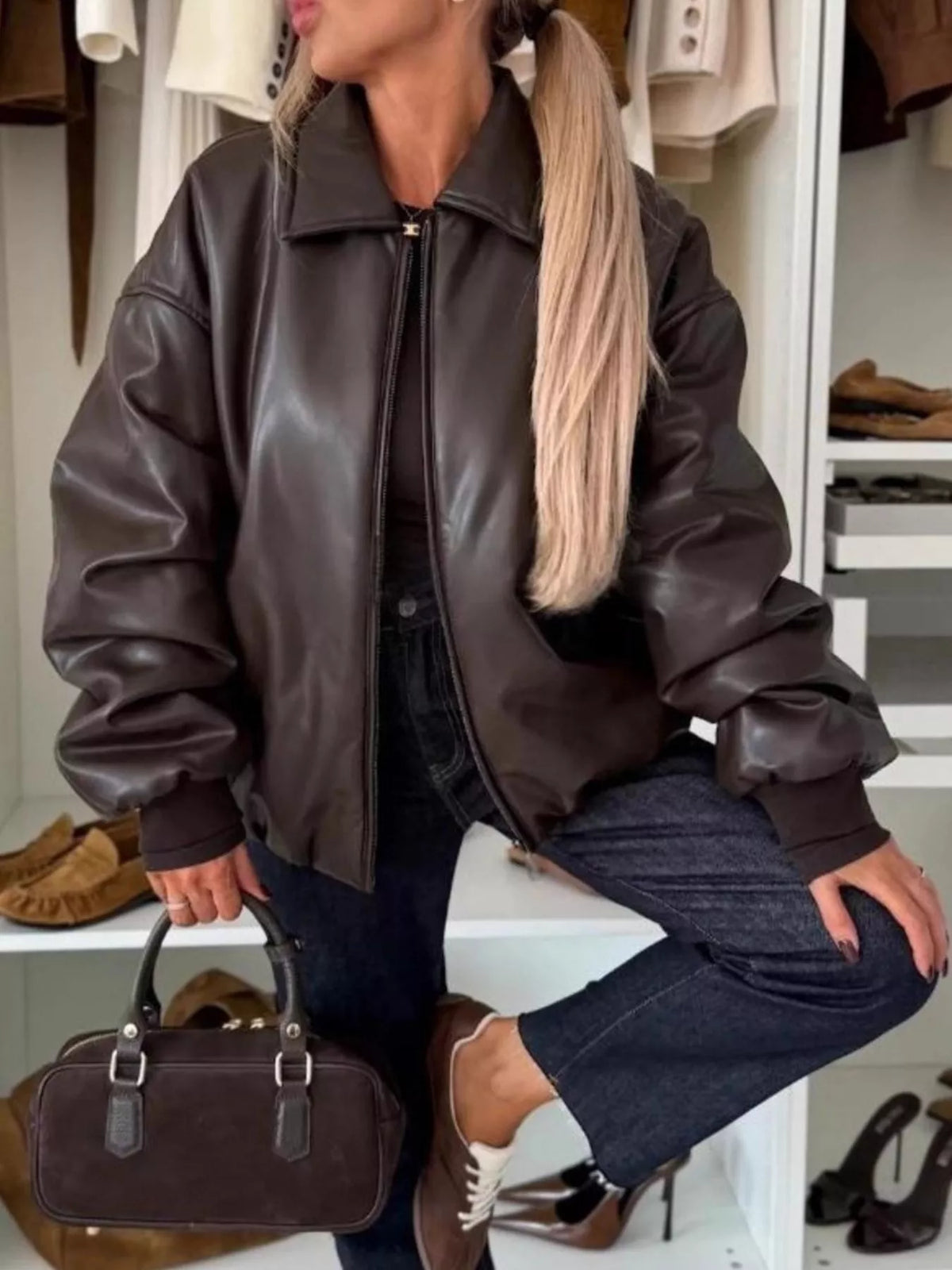 Zip Up Dropped Shoulder Jacket, view 2