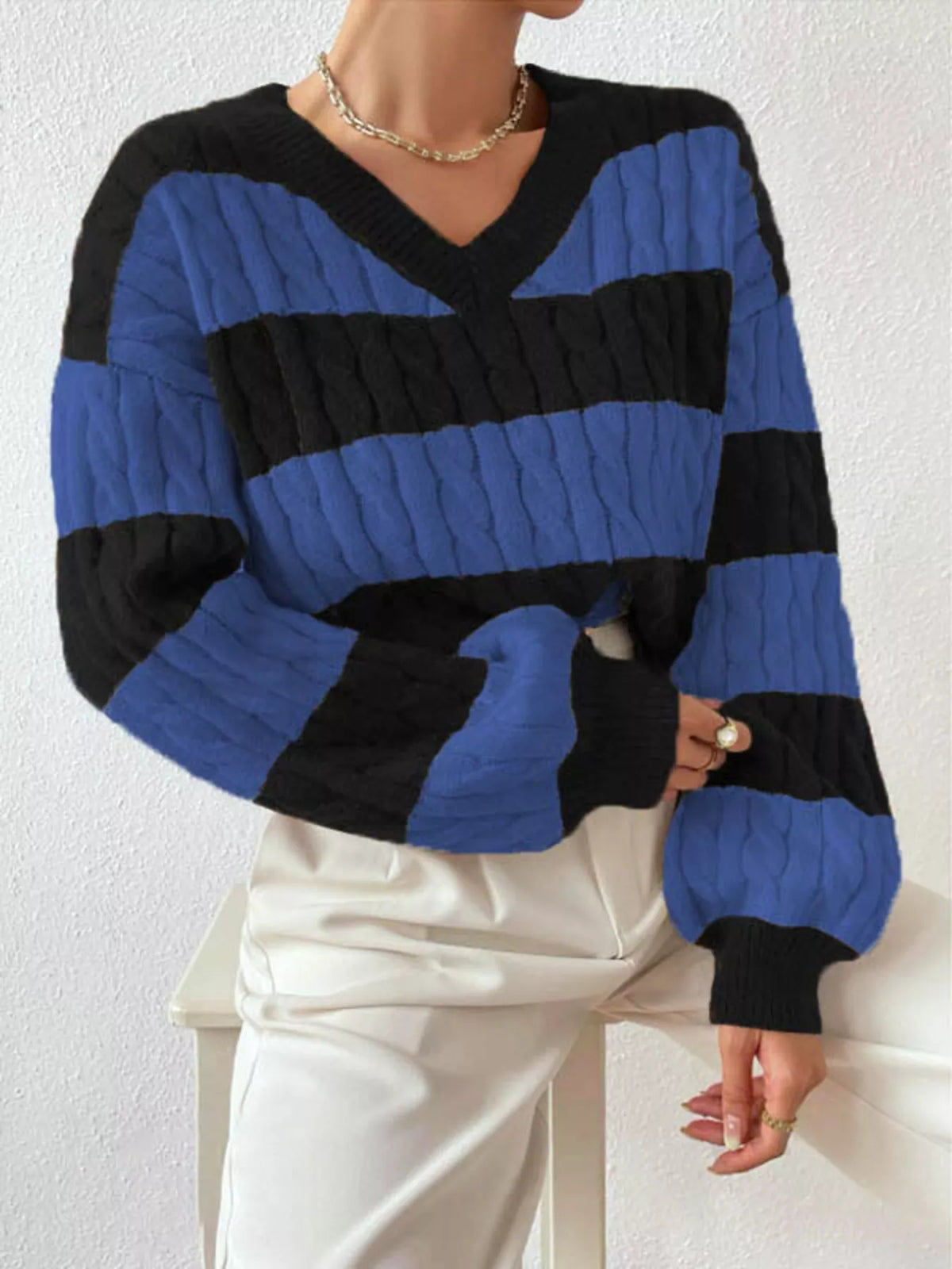 V-Neck Striped Cable Knit Sweater