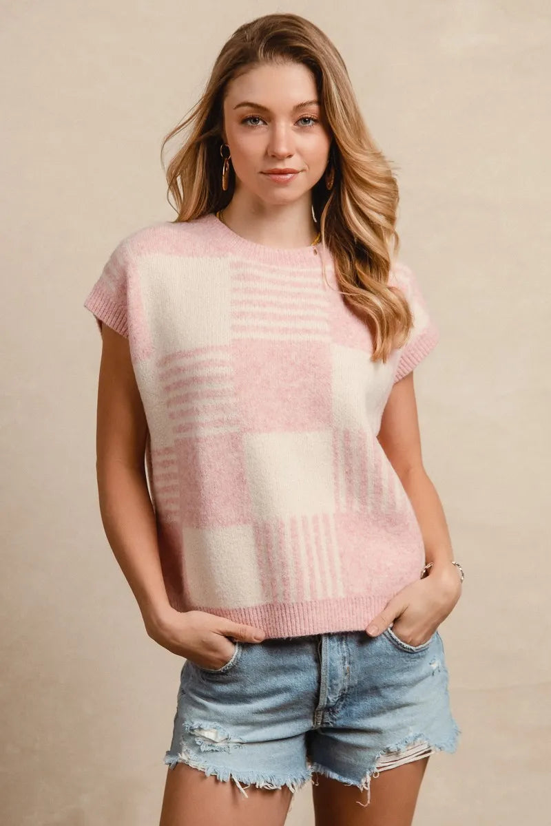 BiBi Checker With Stripes Pattern Sleeveless Sweater in Blush/Ivory