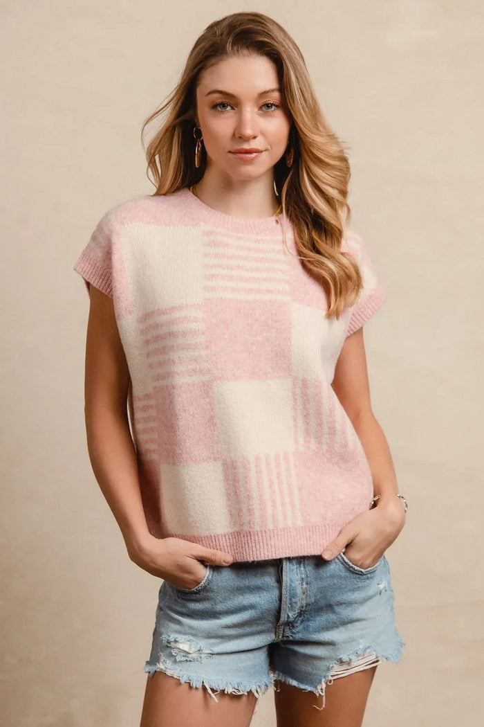 BiBi Checker With Stripes Pattern Sleeveless Sweater in Blush/Ivory