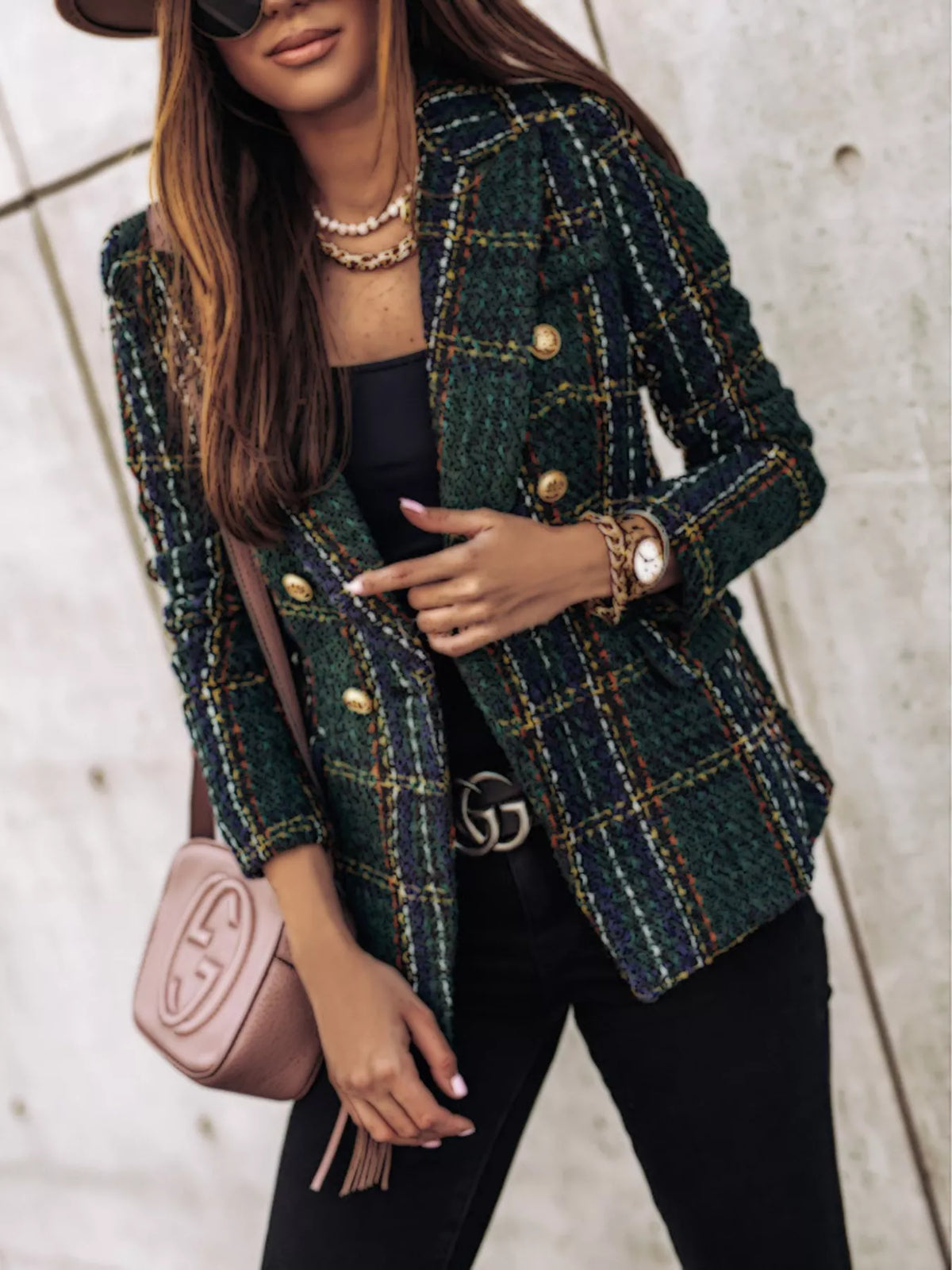 Full Size Plaid Tweed Double-Breasted Blazer Plus Size - Lilixa.store