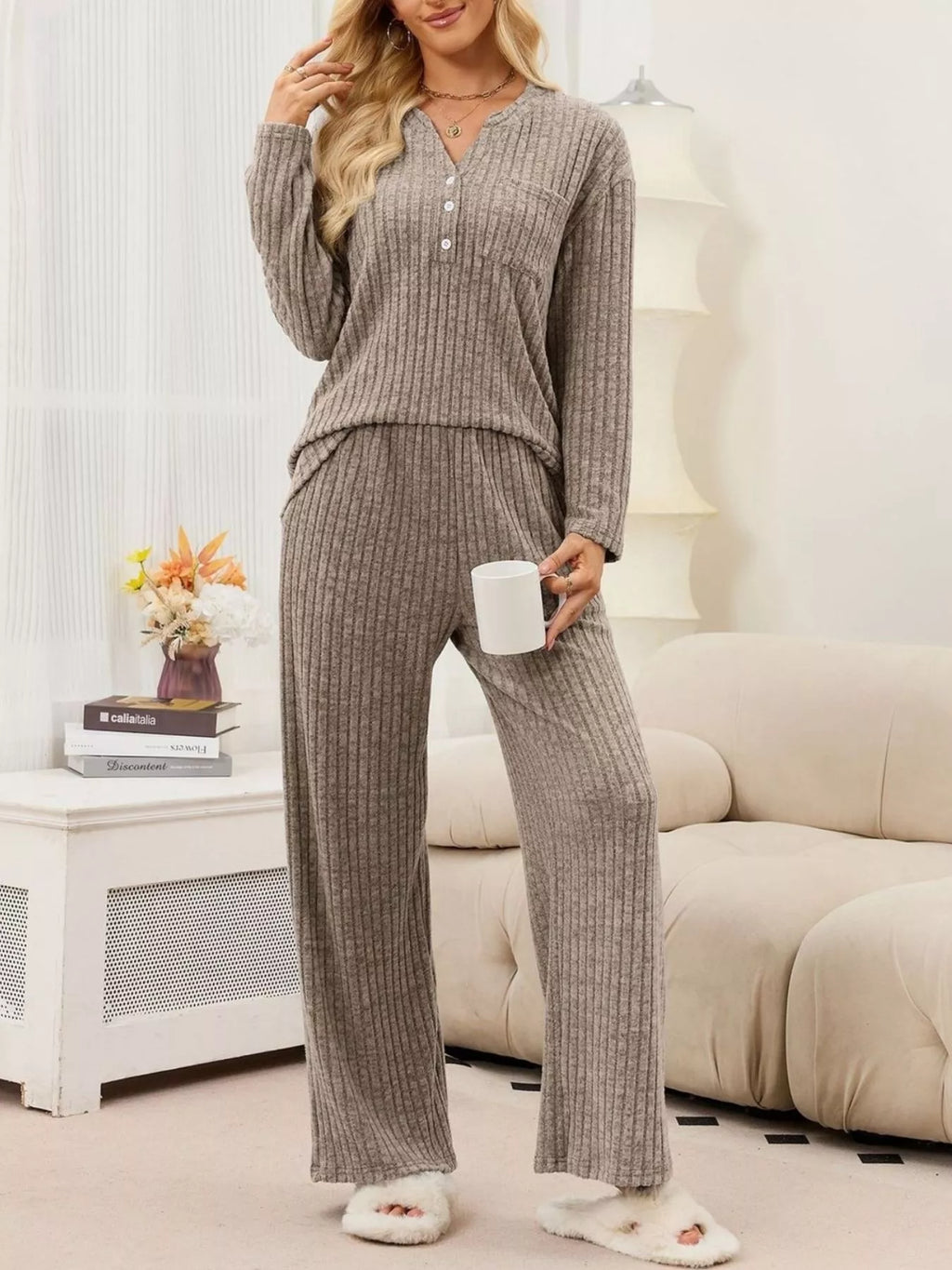 Ribbed Knit Top and Wide-Leg Pants Set - Lilixa.store