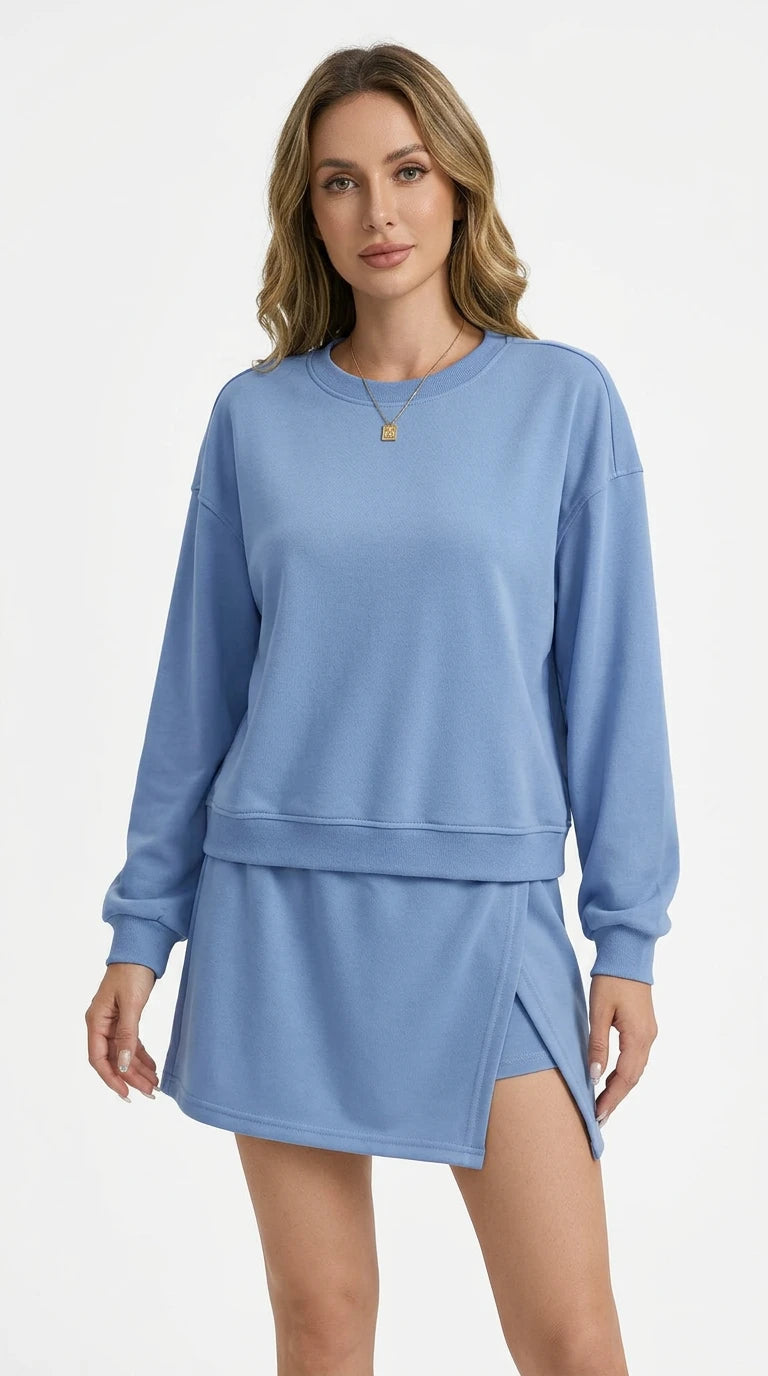 Long Sleeve Sweatshirt and Split Skort Set in Blue