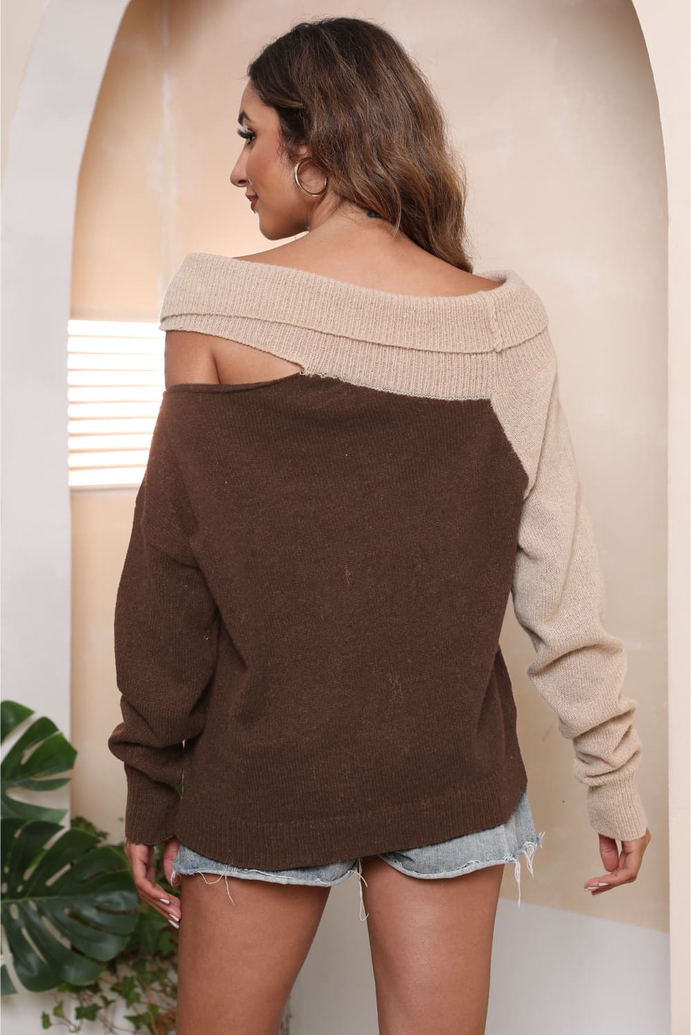 Asymmetrical Long Sleeve Two-Tone Cutout Sweater, view 2