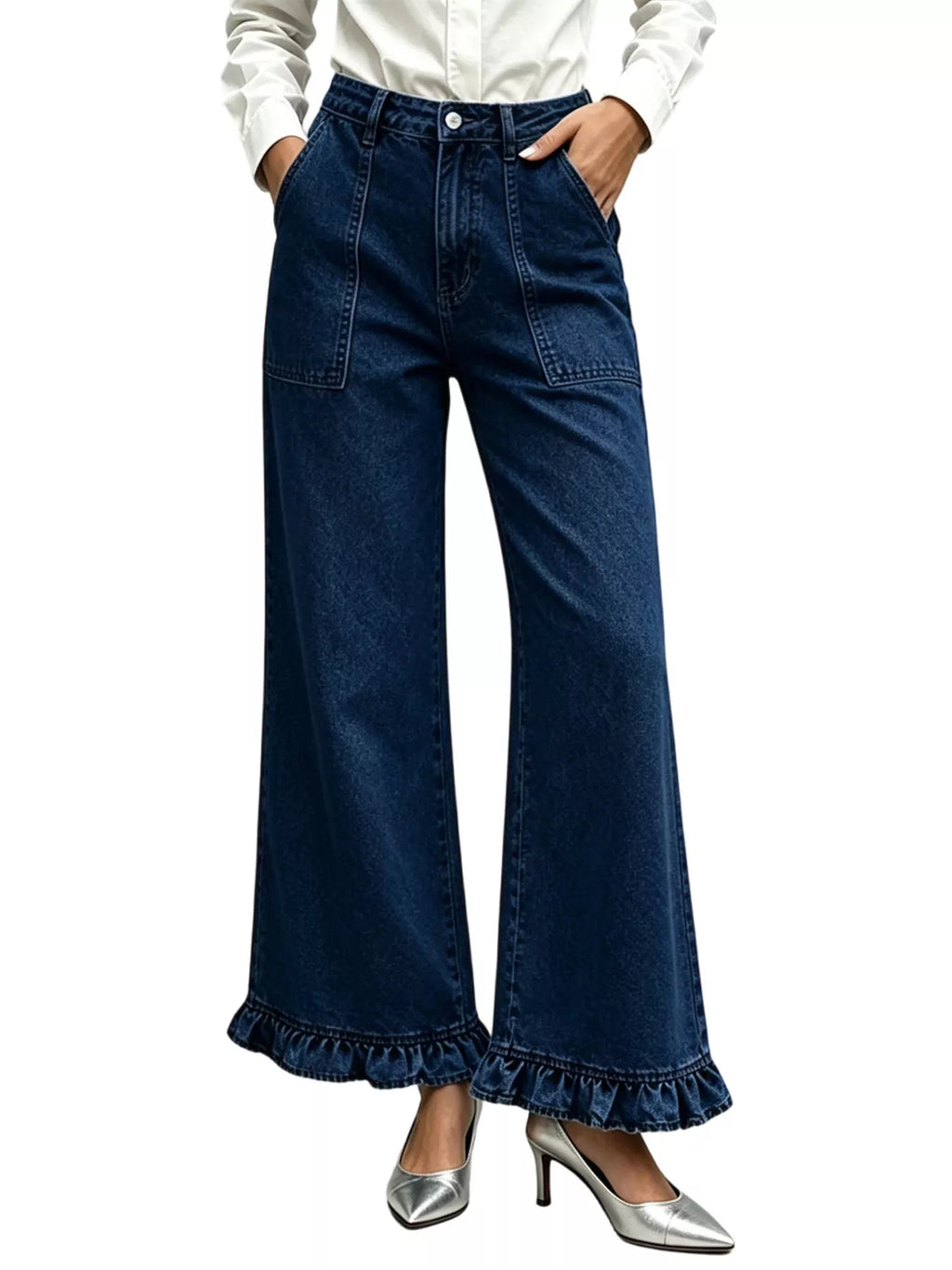 High-Waisted Wide-Leg Ruffle Hem Jeans - Lilixa.store