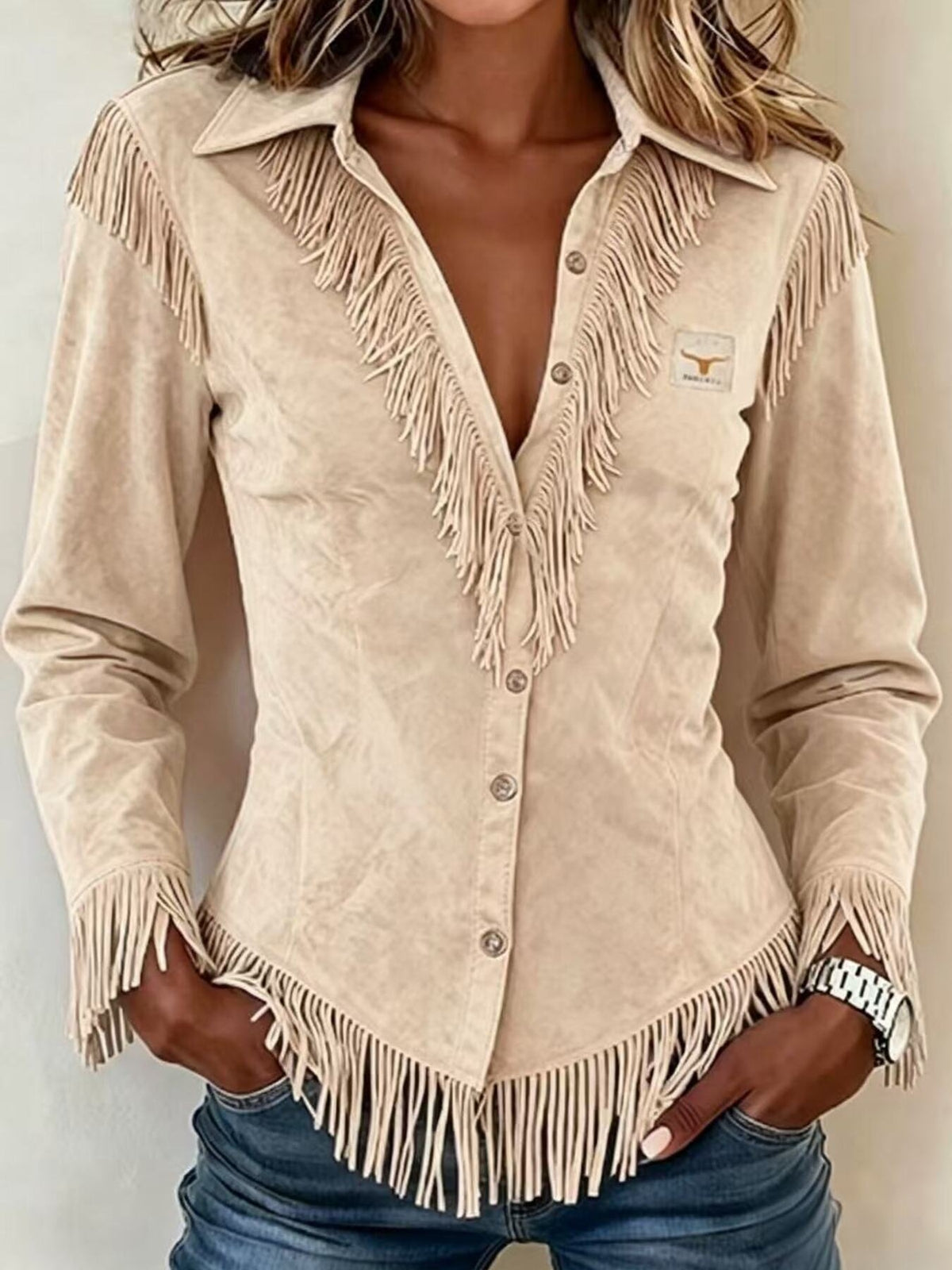 Full Size Fringed Collared Neck Shirt Plus Size - Lilixa.store
