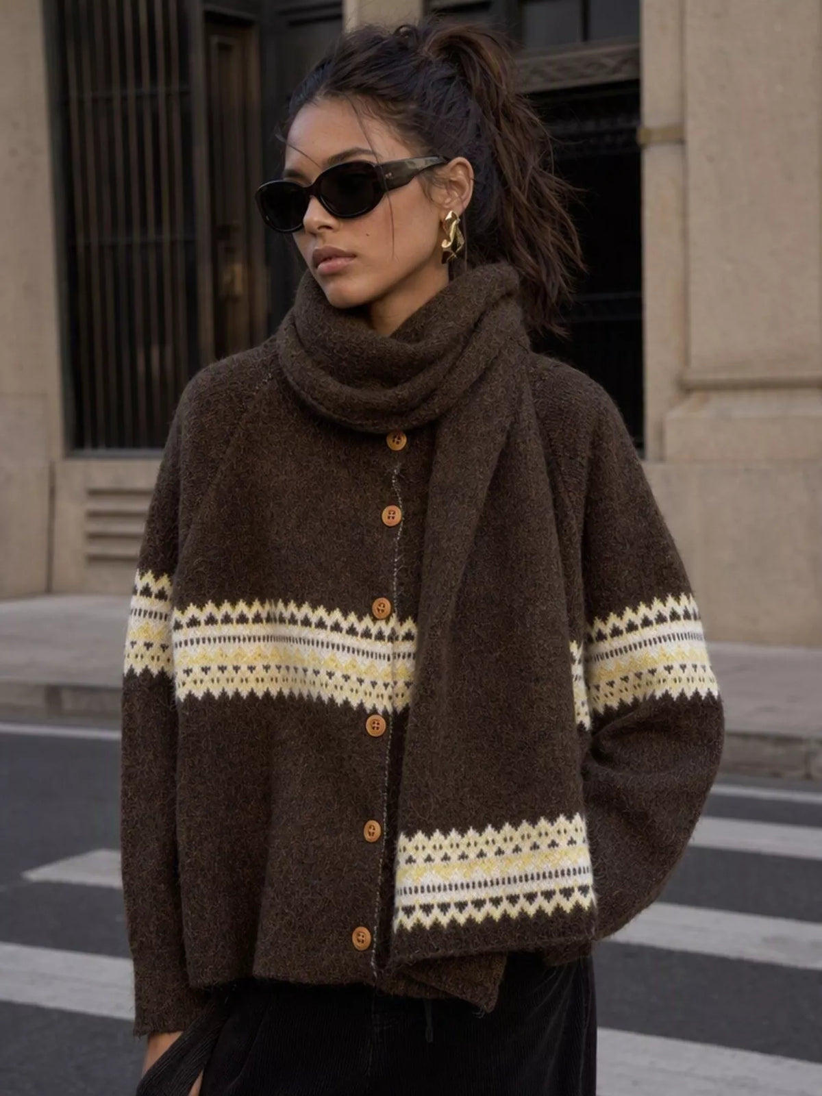 Geometric Button Down Knit Cardigan in Dark Brown