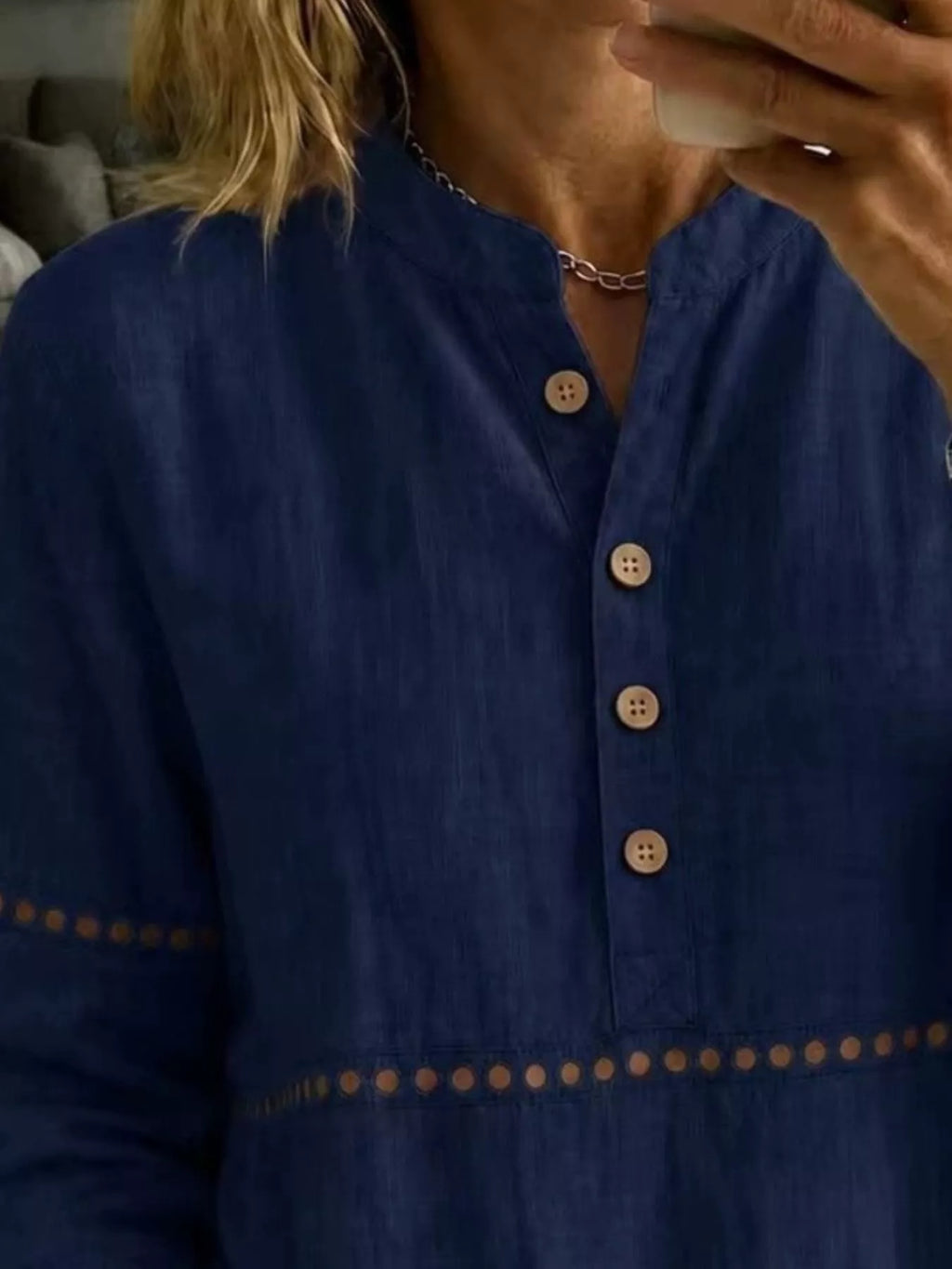 Full Size Button Detail Eyelet Long Sleeve Blouse Plus Size - Lilixa.store