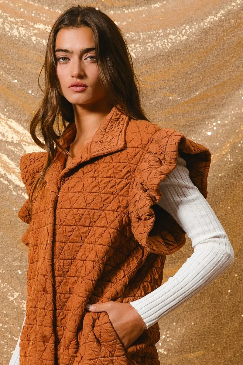BiBi Quilting Knit Ruffle Sleeve Vest in Rust