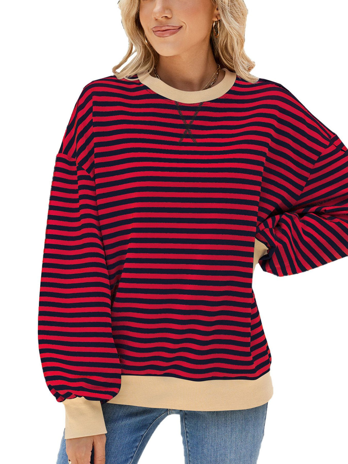 Striped Crew Neck Long Sleeve Sweatshirt in Burgundy