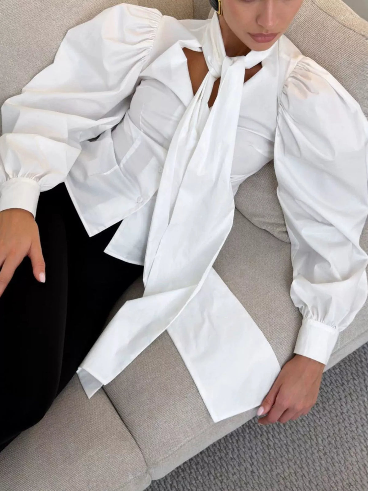 Bow Tie Puffed Sleeves Blouse in White, view 4