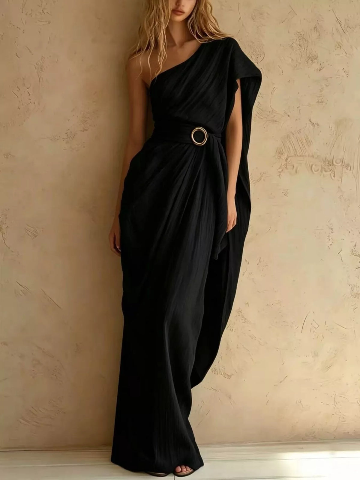 One-Shoulder Draped Maxi Dress with Waist Buckle - Lilixa.store