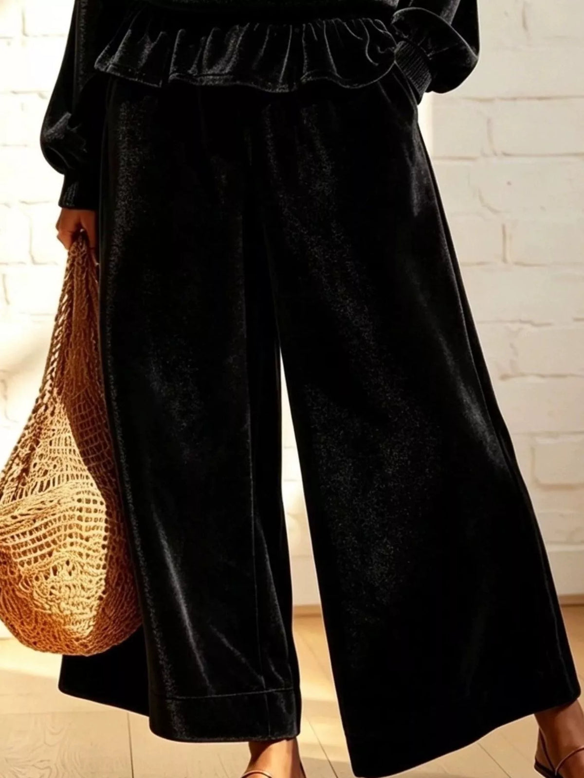 Velvet Peplum Top and Wide-Leg Pants Set - Lilixa.store