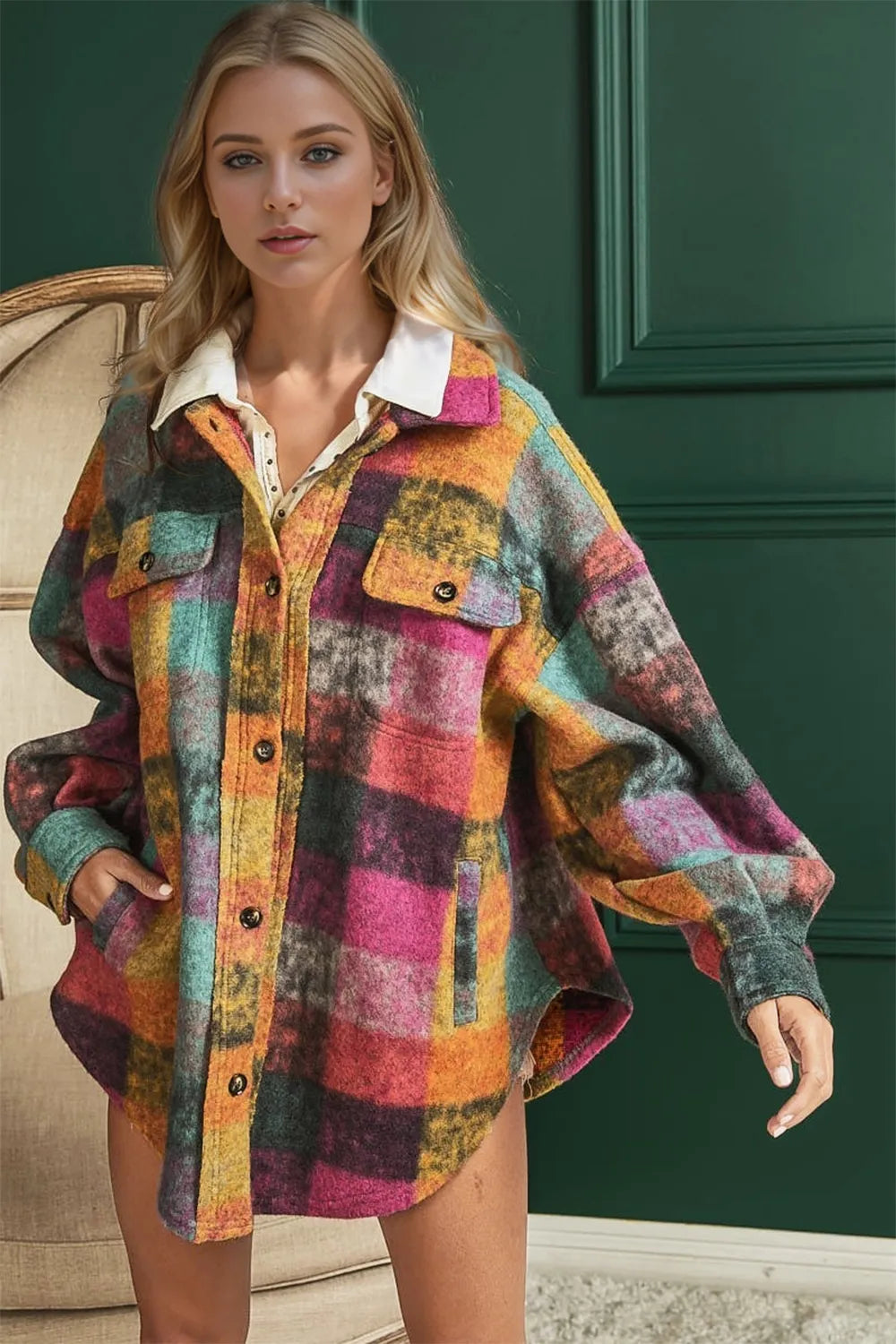Double Take Full Size Button Up Plaid Fleece Shacket with Pockets in Multicolored Plaid, view 2