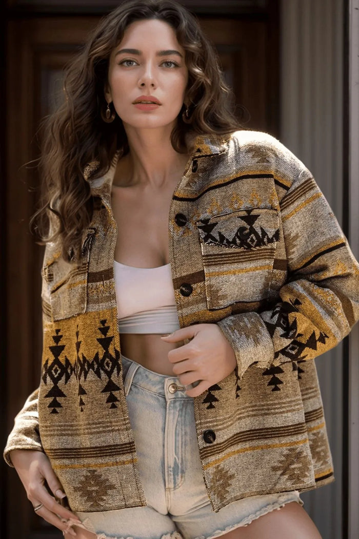 Pocketed Geometric Collared Neck Jacket in Camel