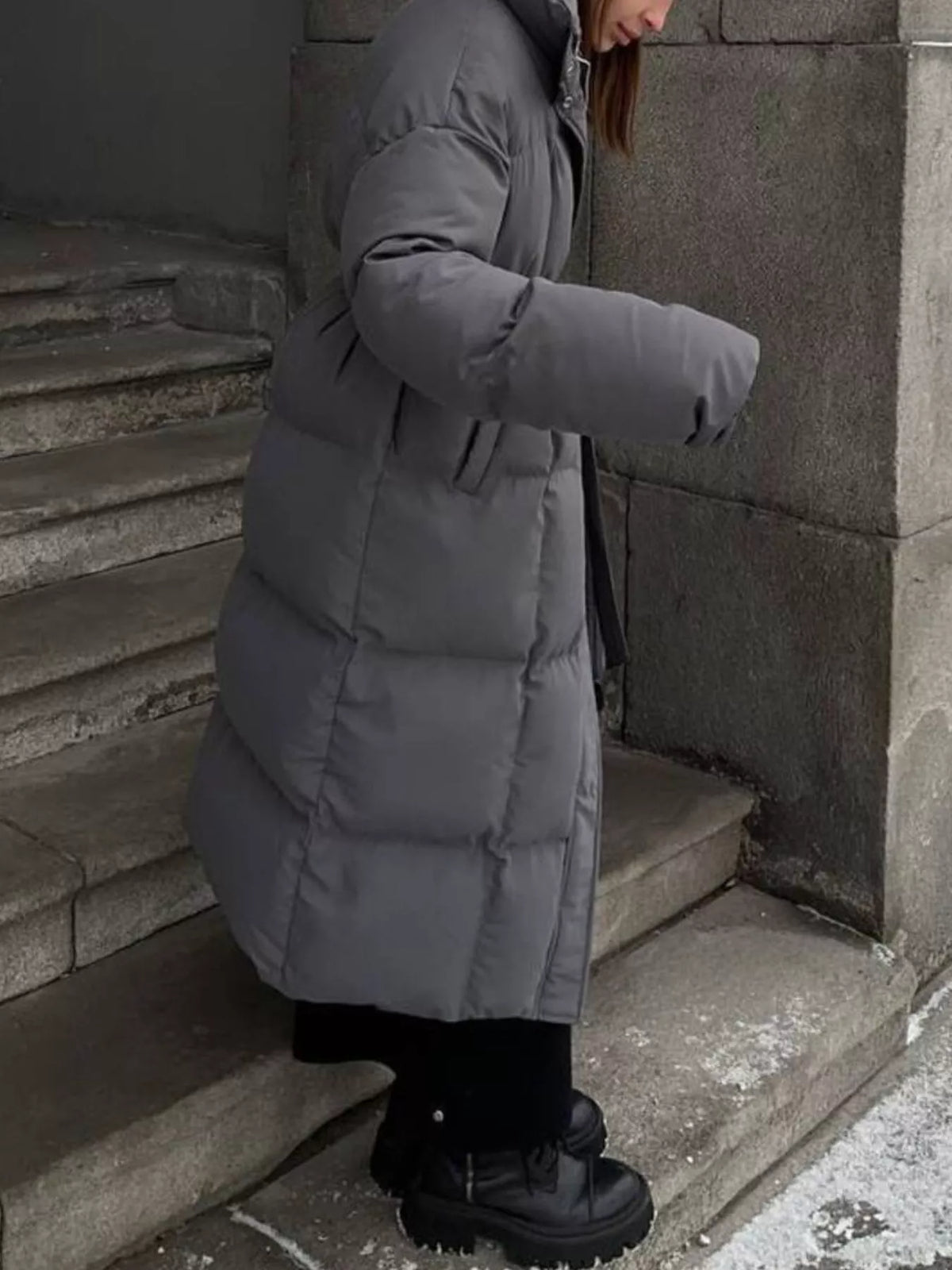 Longline Padded Winter Coat with Belted, view 17
