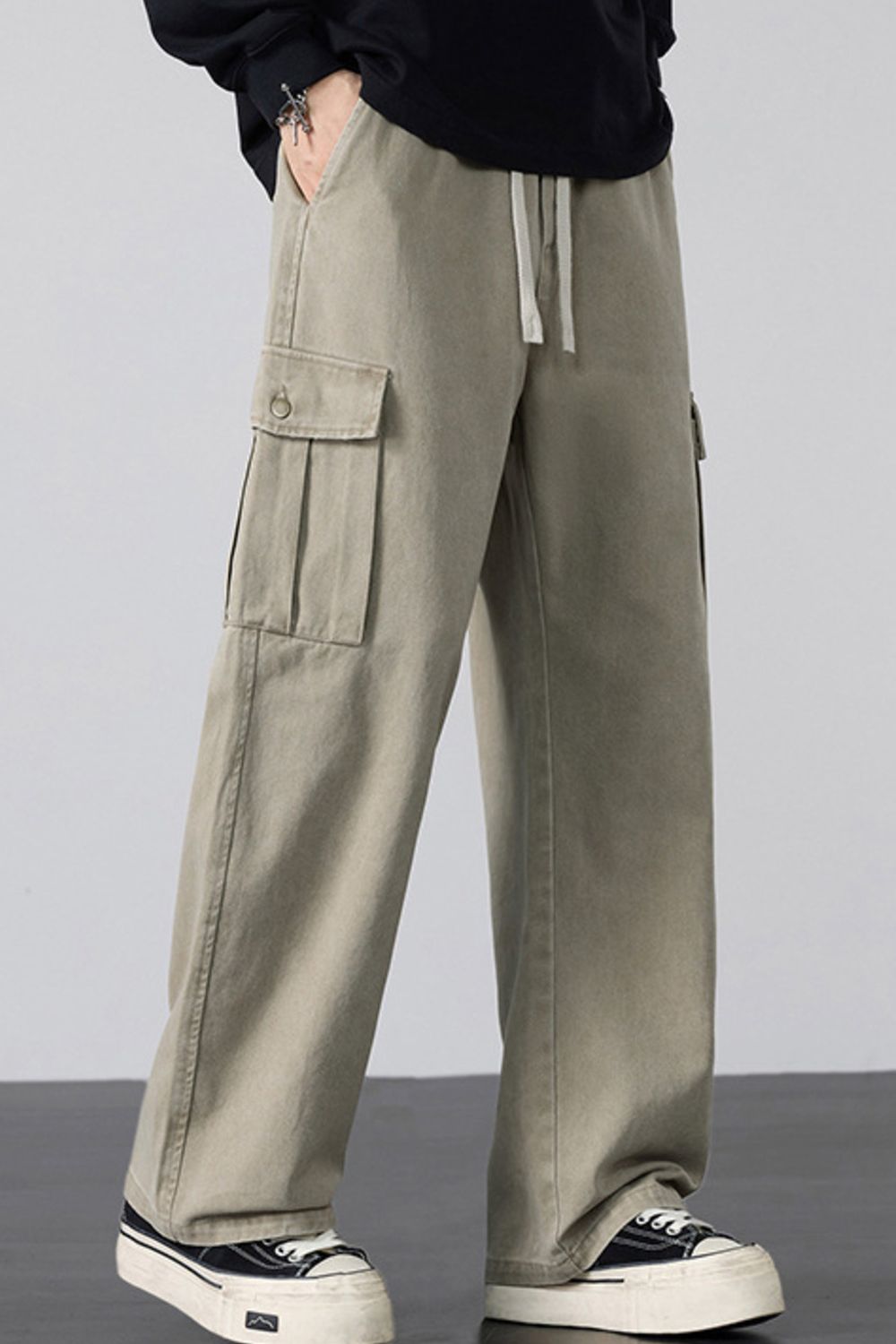 Men's Plus Size Drawstring Loose Fit Cargo Pants in Khaki