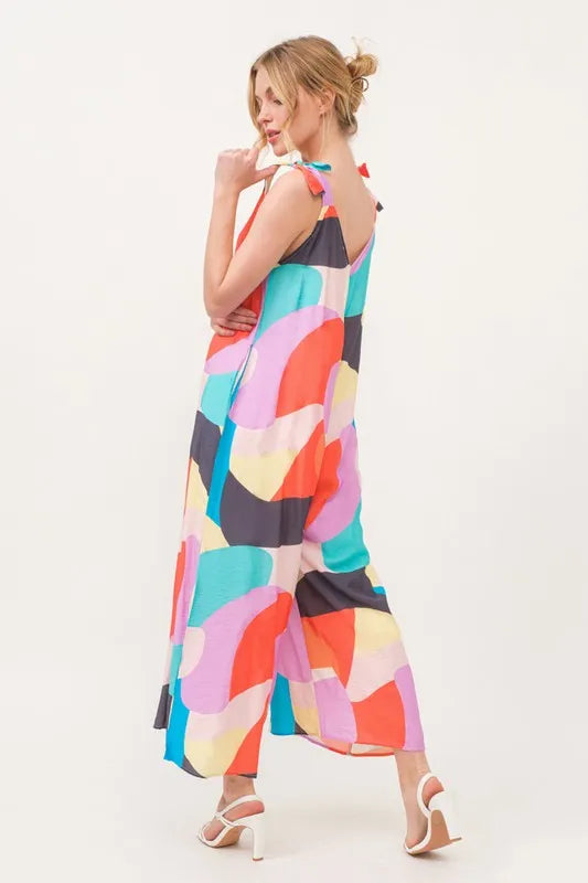 And The Why Tied Shoulder Straps Wide-Leg Geo Print Jumpsuit - Lilixa.store