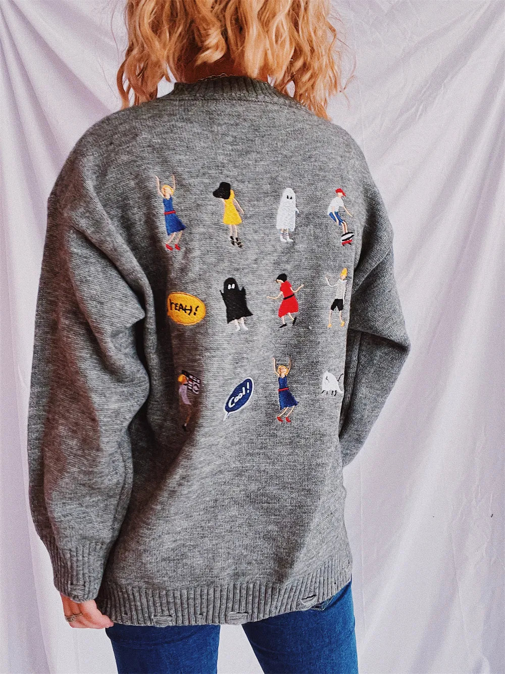 Embroidered Round Neck Dropped Shoulder Sweater - Lilixa.store