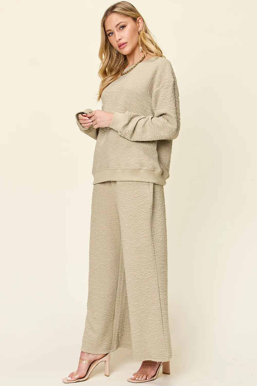 Double Take Full Size Texture Long Sleeve Top and Pants Set, view 5