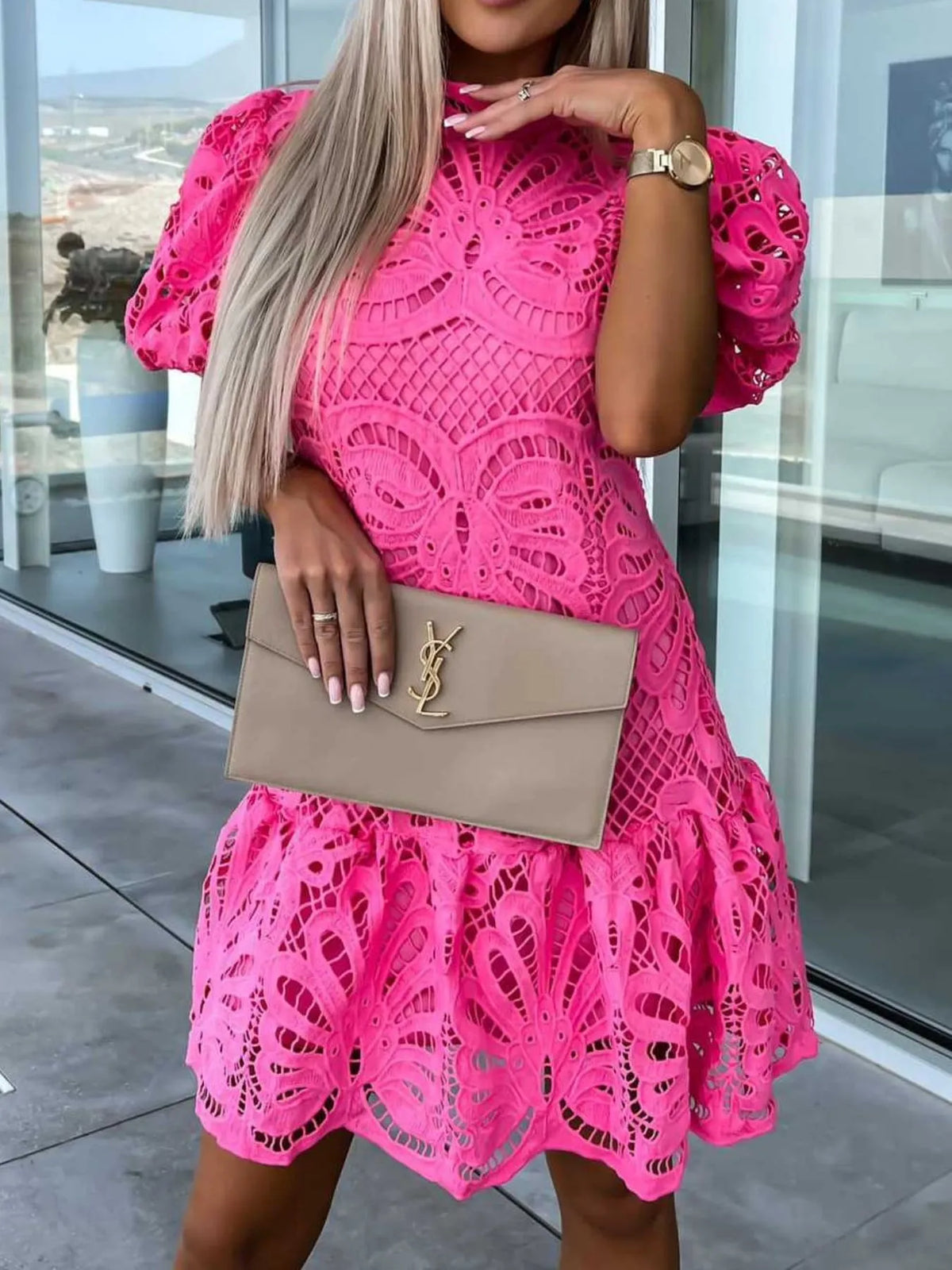 Lace Mock Neck Puff Sleeve Dress - Lilixa.store